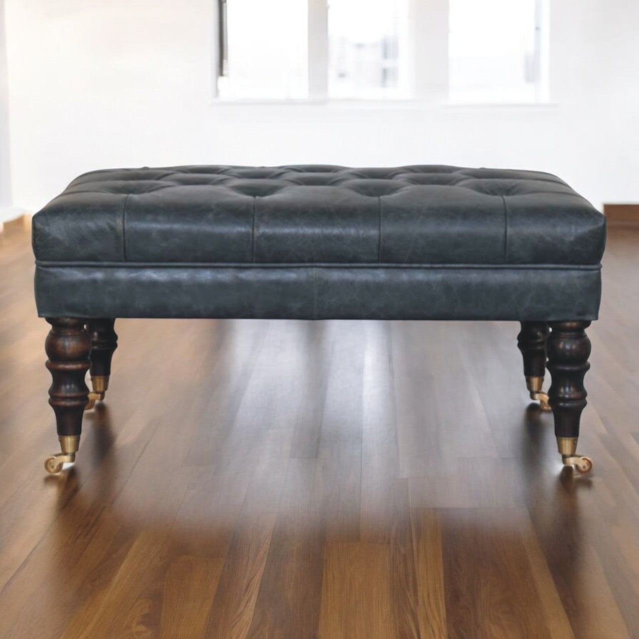 Buffalo Teal Leather Ottoman with Castor Legs