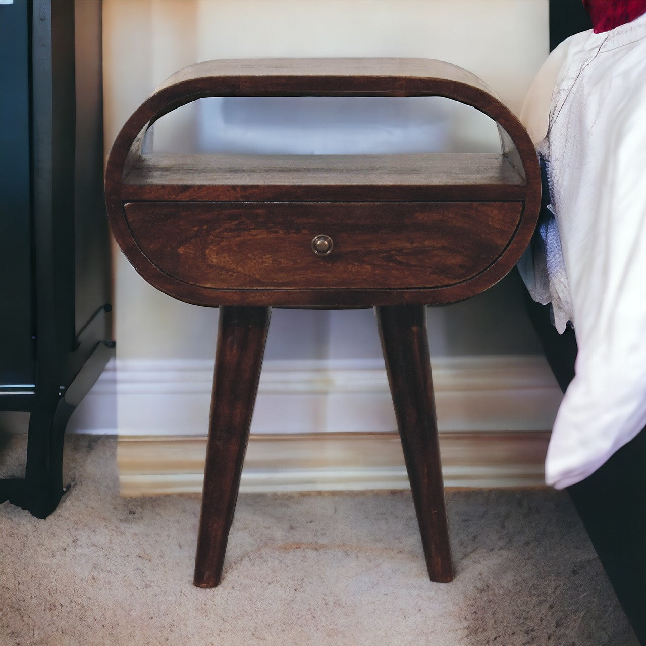 Light Walnut Circular nightstand with Open Slot