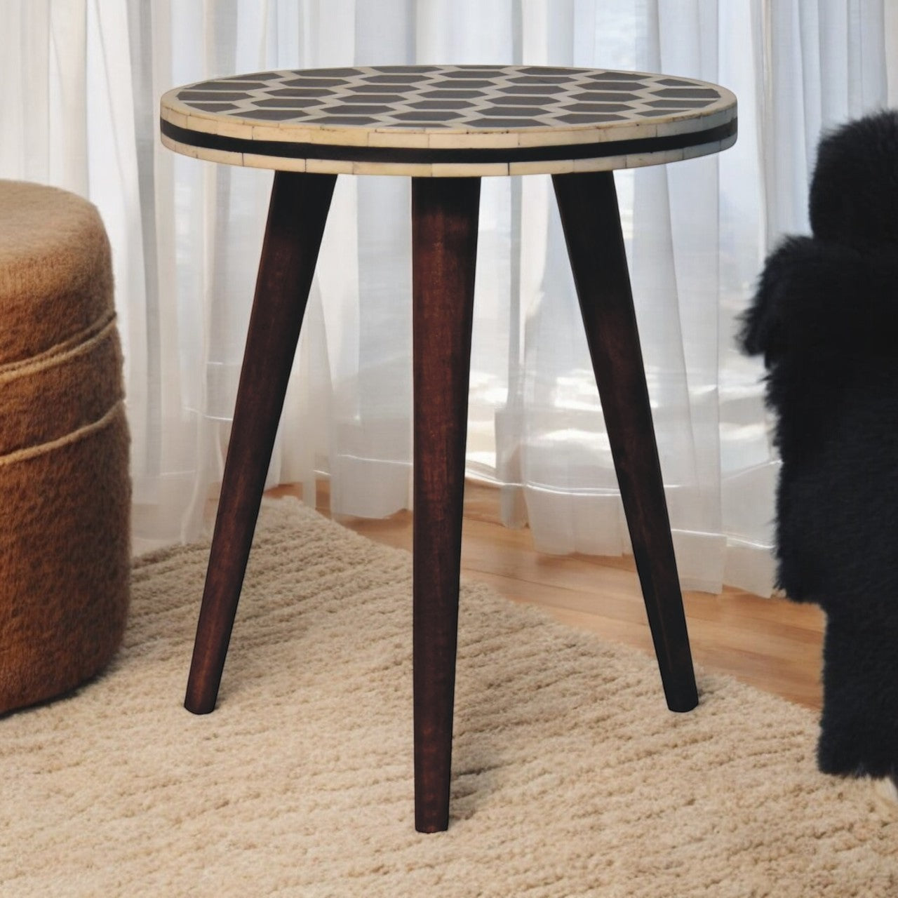 Bone Inlay Tripod Stool With Honey Caramel Finish
