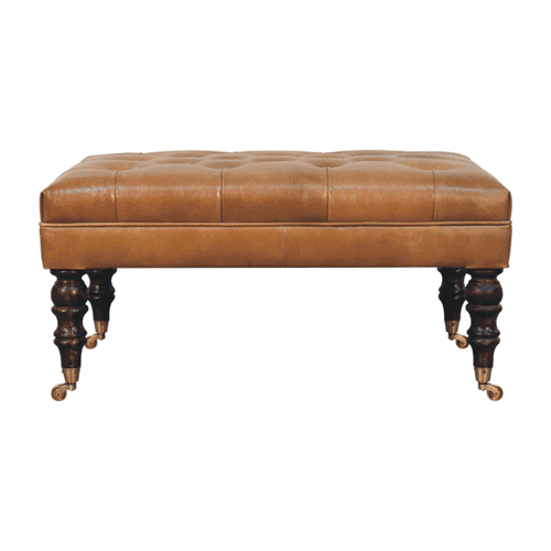 California Walnut Buffalo Brown Leather Ottoman with Castor Legs