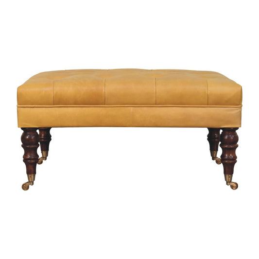 Honey Caramel Buffalo Tan Leather Ottoman with Castor Legs