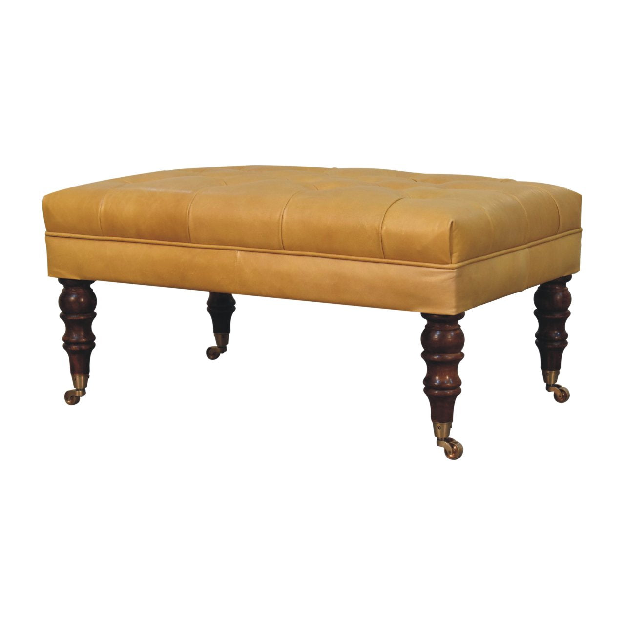 Honey Caramel Buffalo Tan Leather Ottoman with Castor Legs