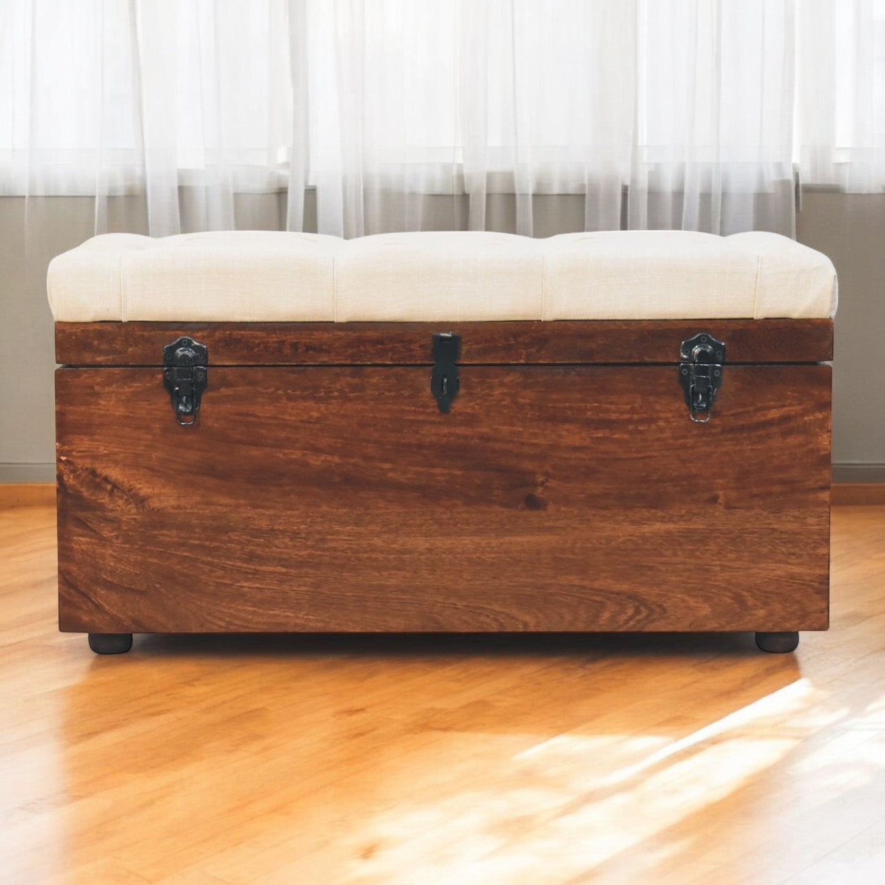 California Walnut White Linen Storage Trunk
