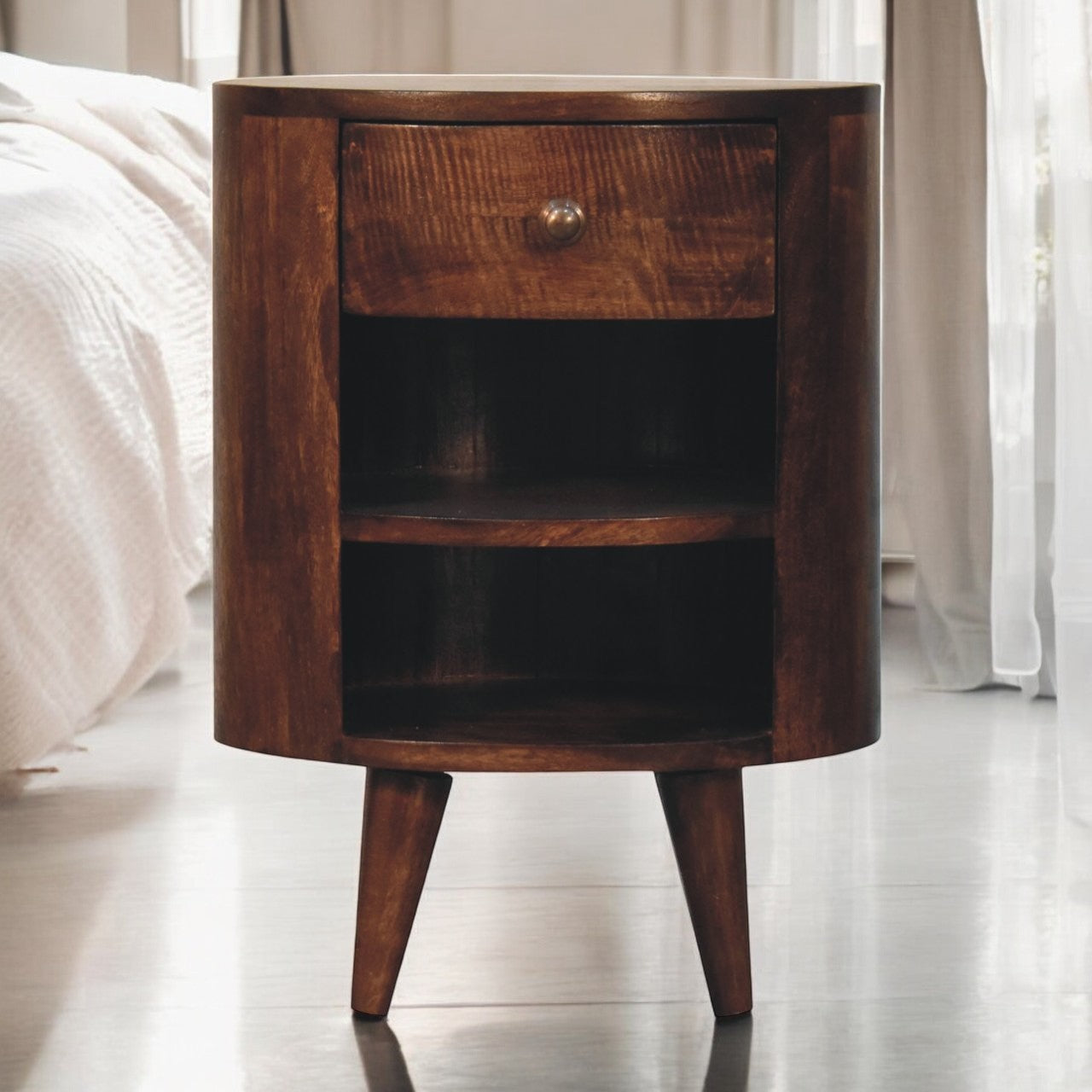 Mini Curved California Walnut Wall Mounted Bedside with Open Slot