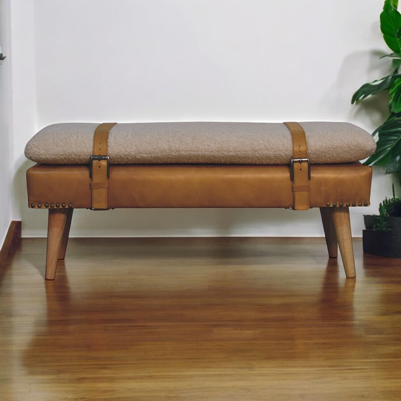 Bouclé Buffalo Hide Tan Leather Bench