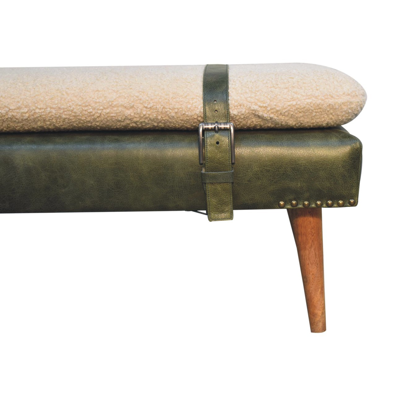 Bouclé Buffalo Hide Olive Green Leather Bench