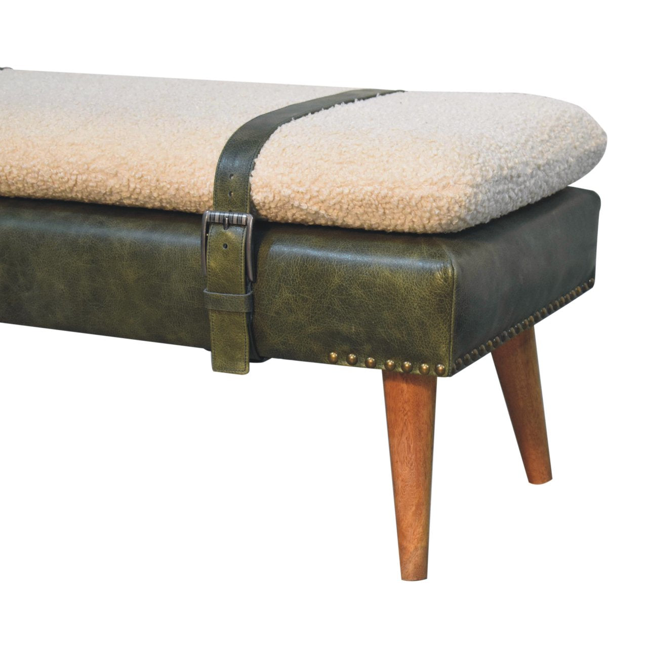 Bouclé Buffalo Hide Olive Green Leather Bench