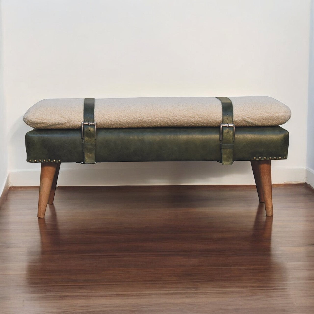 Bouclé Buffalo Hide Olive Green Leather Bench