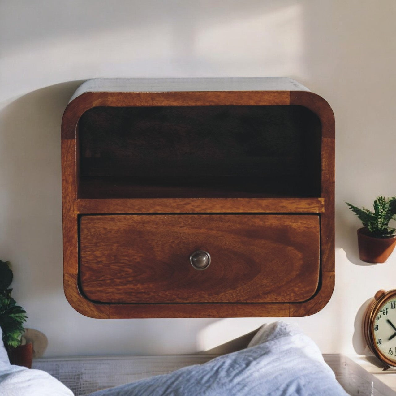 Extra Mini Wall Mounted Curved Chestnut Bedside with Open Slot