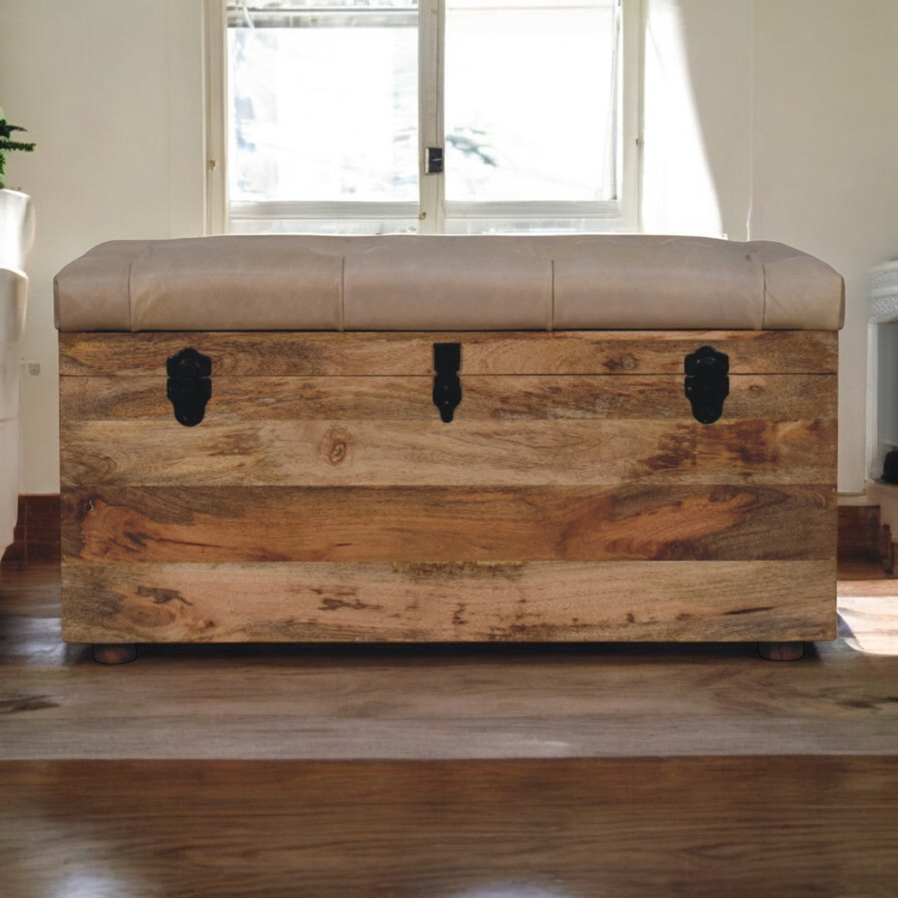 Beige Buffalo hide leather Storage Trunk