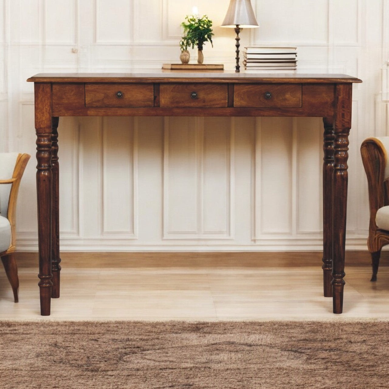 Turned Legs 3 Drawer Chestnut Console