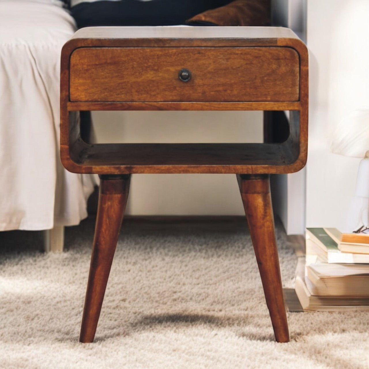 Avora Chestnut Nightstand with Drawer and open slot