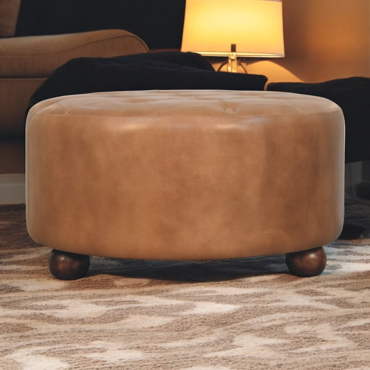 Brown Buffalo hide leather Round Ottoman