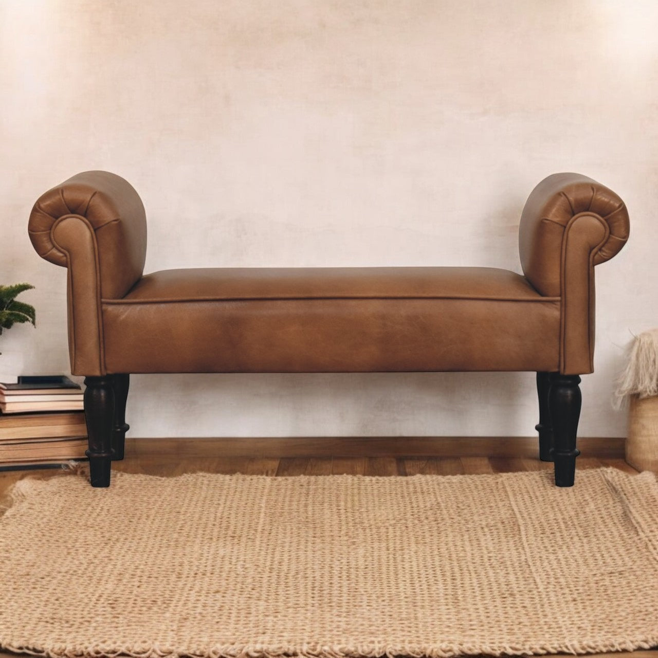 Brown Buffalo Leather Rolled Arms Bench
