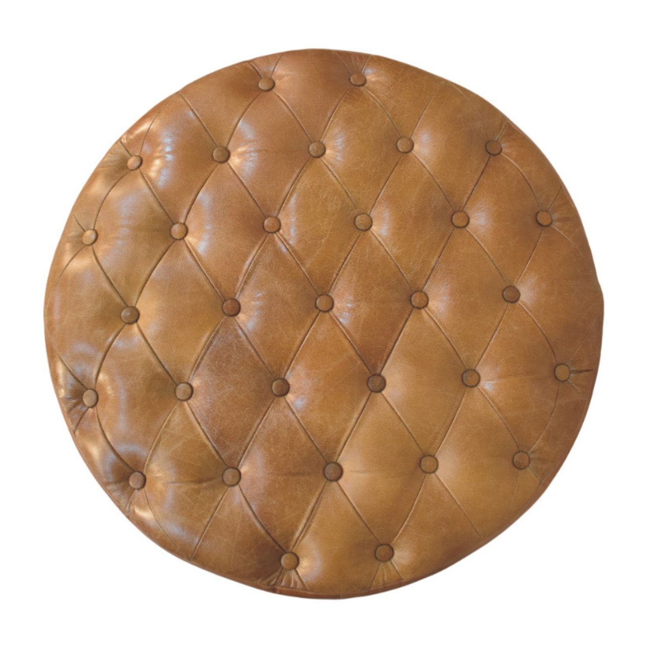 Brown Buffalo Leather Round Ottoman with Castor Legs