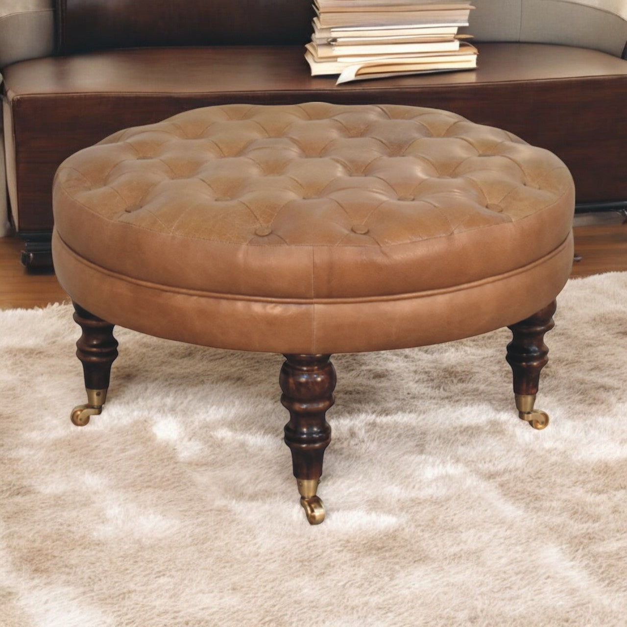Brown Buffalo Leather Round Ottoman with Castor Legs