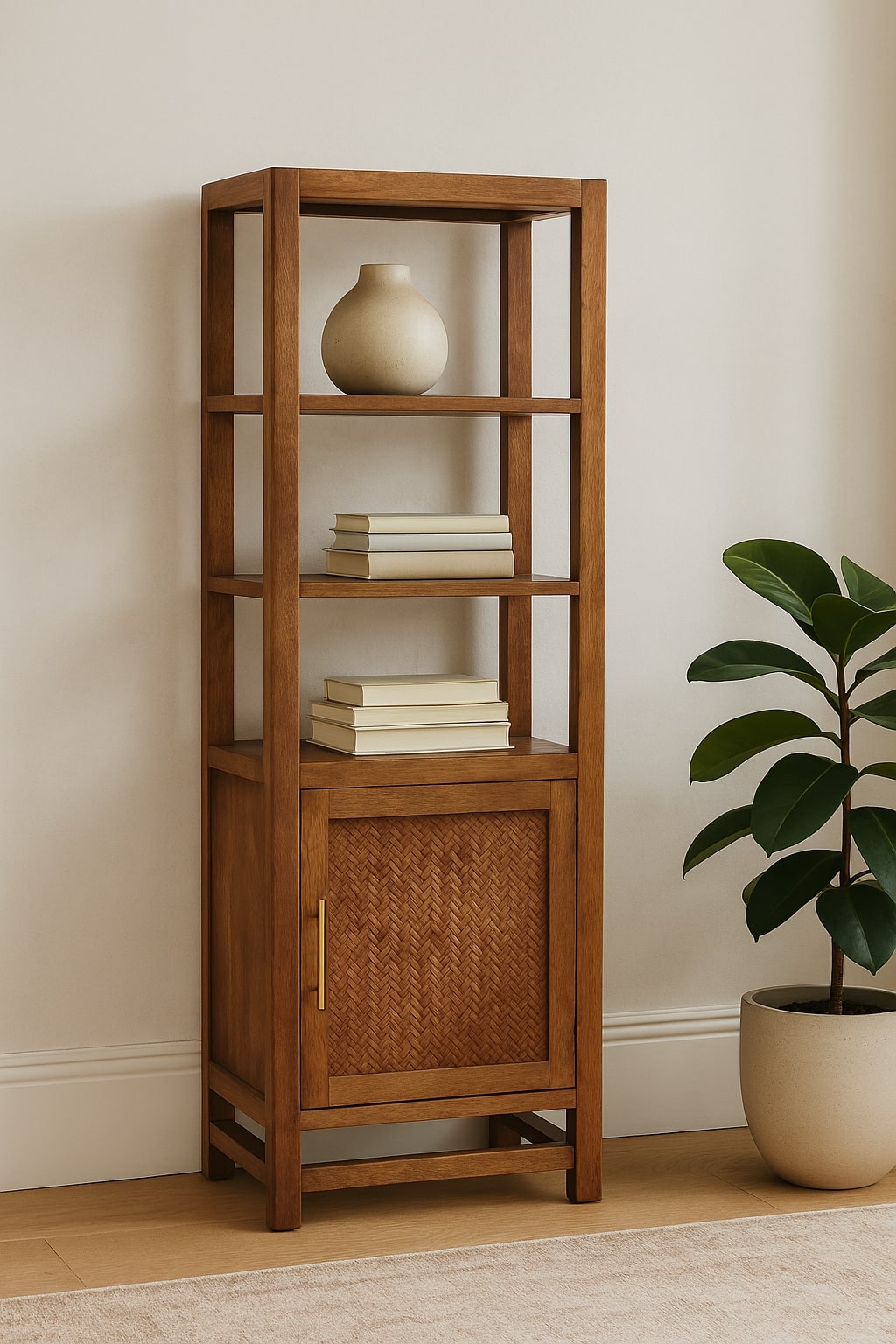 Solid Wood Open Shelf Unit with Cabinet
