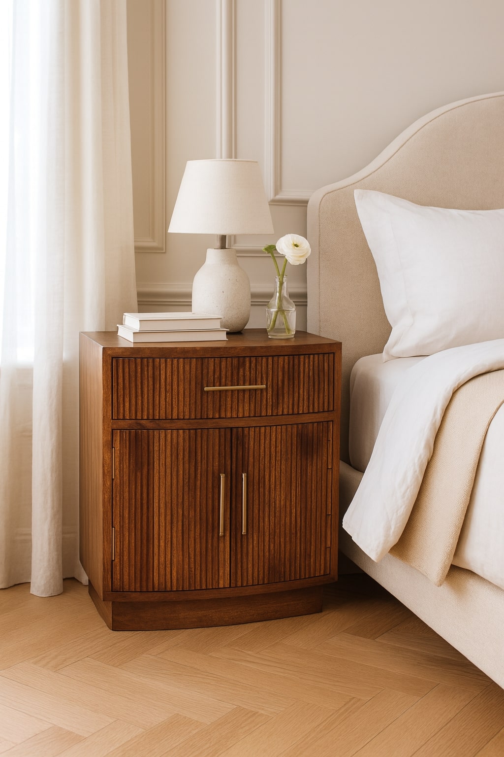 Solid Wood Curved Ribbed Bedside with Drawer