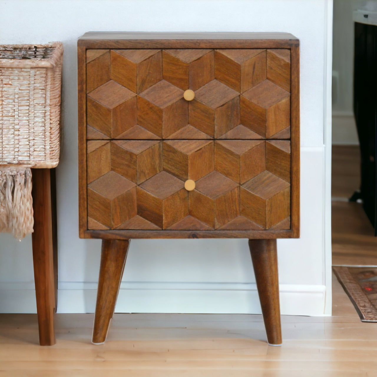 Chestnut Cube Carved nightstand